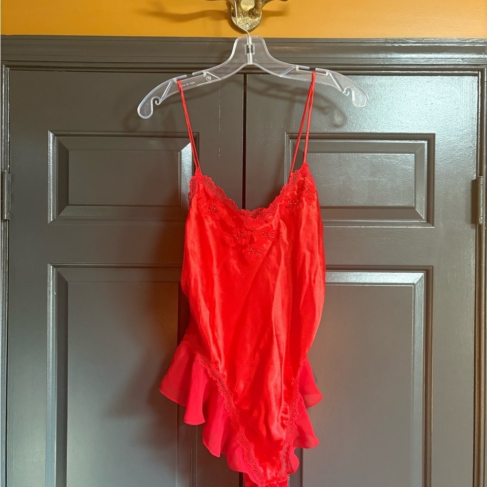 Unique Vintage Red Chemise with Lace Trim